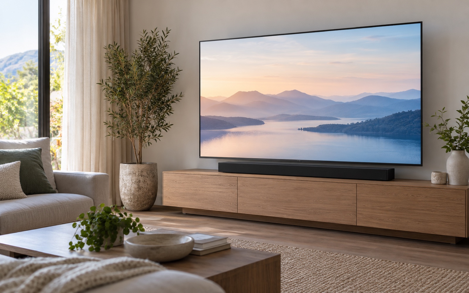 Televisor y barra de sonido colocada en un salón